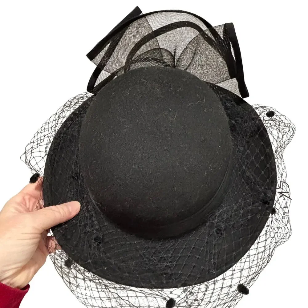 Dressy black felted wool hat large netting bowl & mesh fascinator made in USA